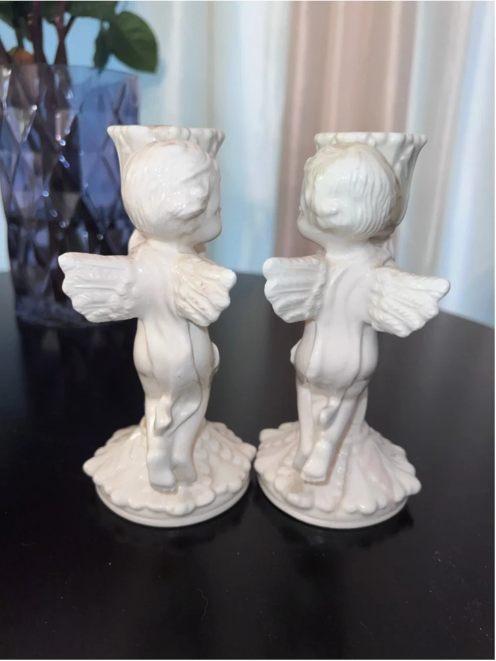 VTG Set 2 Cherub Angel Candle Holder Set, One Size, White